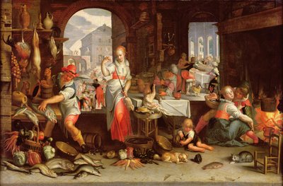 Keukenscène met de gelijkenis van het feest door Joachim Wtewael or Utewael